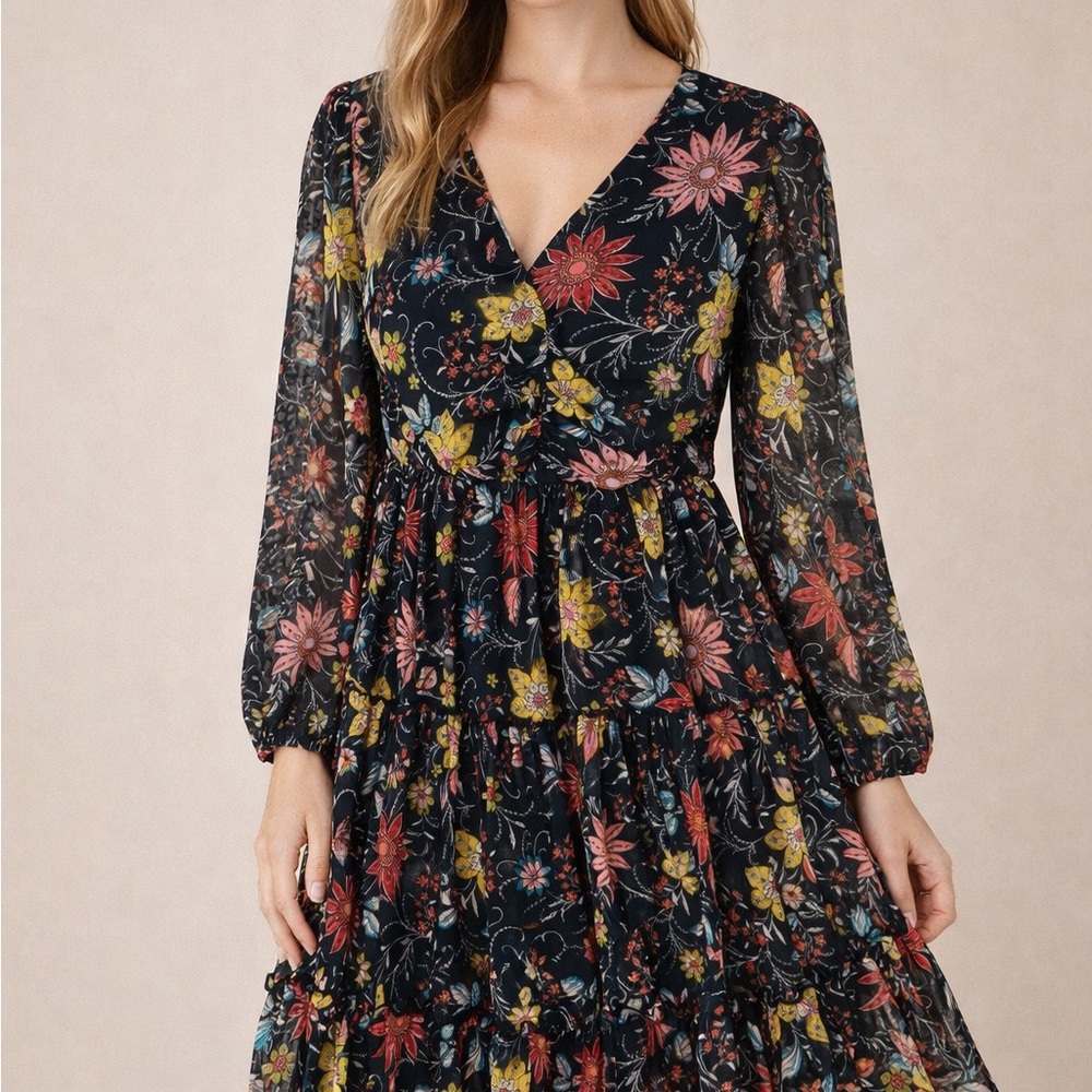Susan Graver Black Floral Long Sleeve Dress